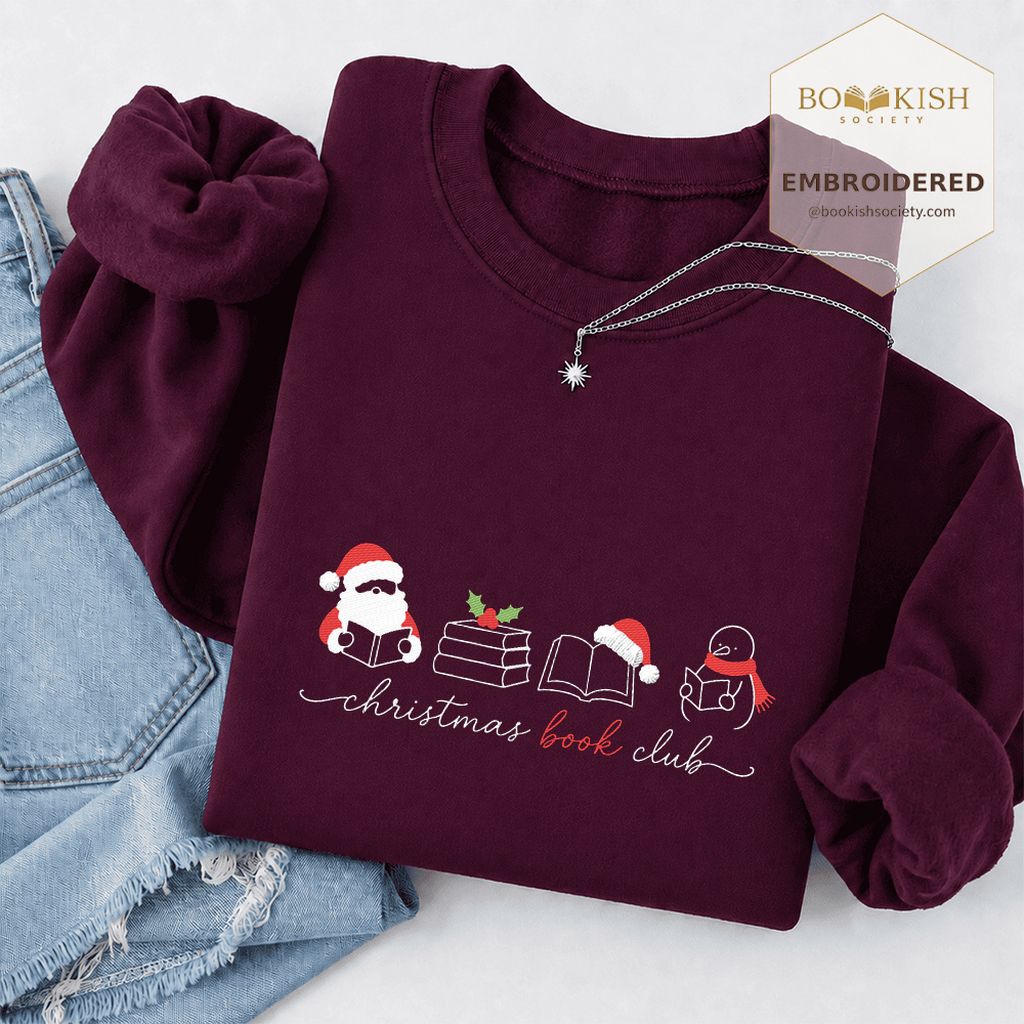 Christmas Book Club Santa And Snowman Embroidered Sweatshirt | Reader Gift Maroon