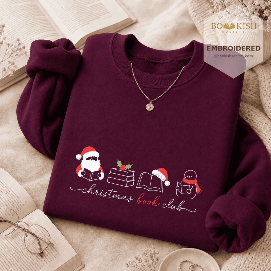 Christmas Book Club Santa And Snowman Embroidered Sweatshirt | Reader Gift Maroon