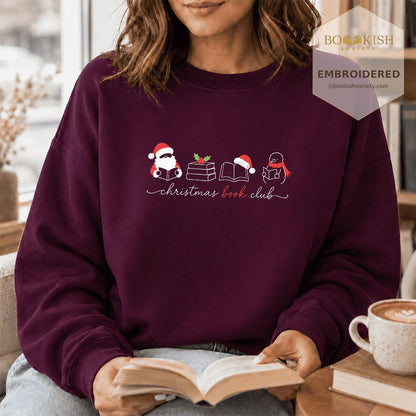 Christmas Book Club Santa And Snowman Embroidered Sweatshirt | Reader Gift Maroon