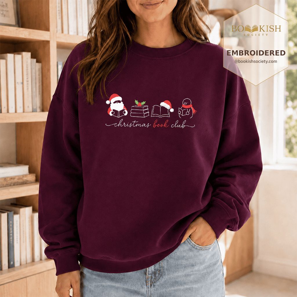 Christmas Book Club Santa And Snowman Embroidered Sweatshirt | Reader Gift Maroon
