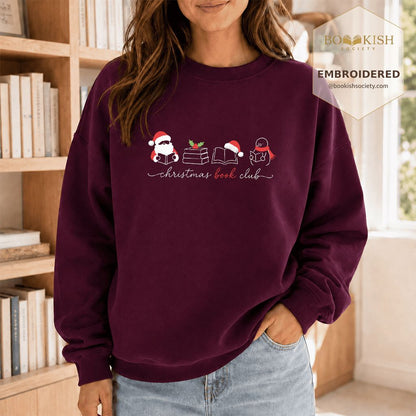 Christmas Book Club Santa And Snowman Embroidered Sweatshirt | Reader Gift Maroon