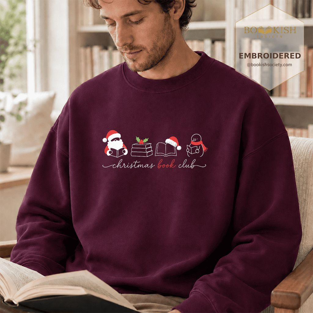 Christmas Book Club Santa And Snowman Embroidered Sweatshirt | Reader Gift Maroon