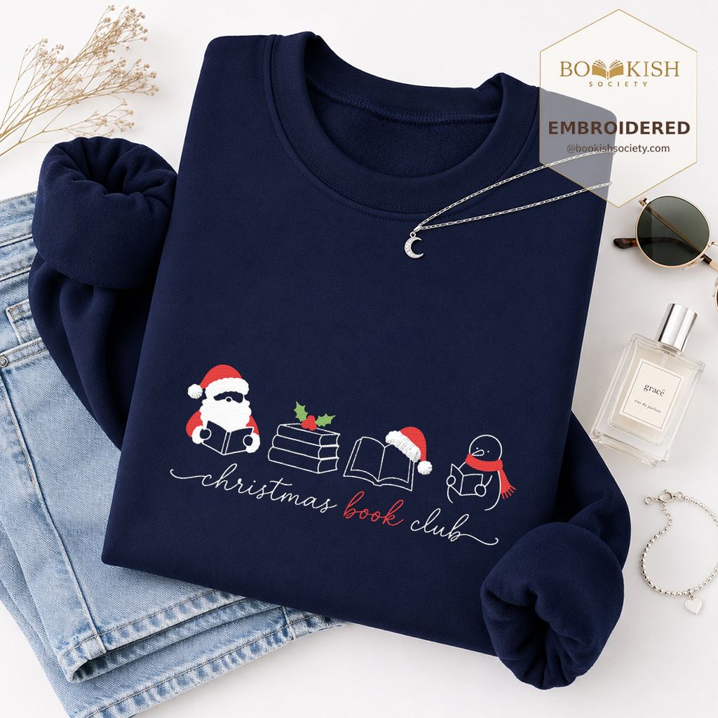 Christmas Book Club Santa And Snowman Embroidered Sweatshirt | Reader Gift Navy