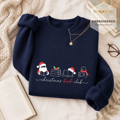 Christmas Book Club Santa And Snowman Embroidered Sweatshirt | Reader Gift Navy