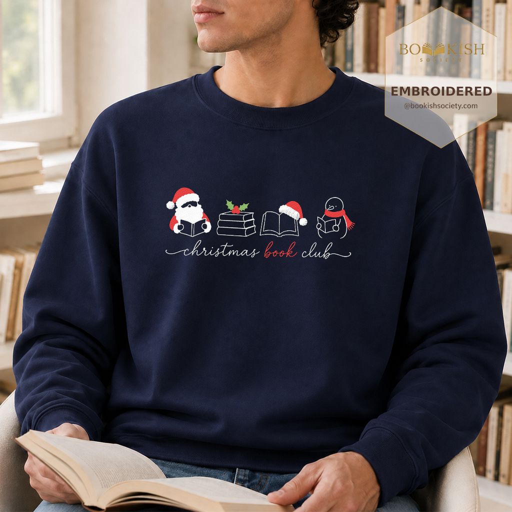 Christmas Book Club Santa And Snowman Embroidered Sweatshirt | Reader Gift Navy