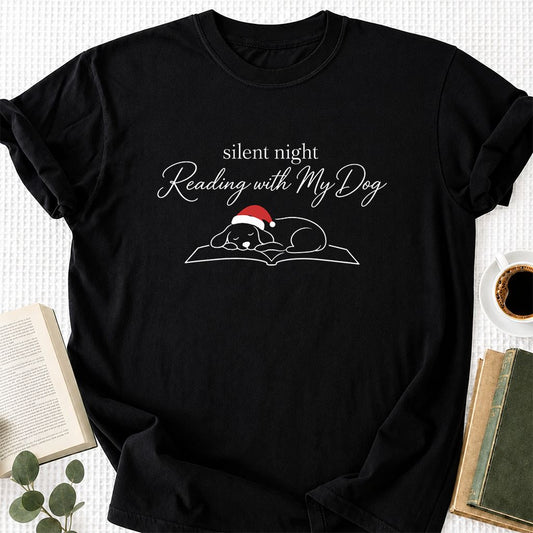 Silent Night Reading With My Dog Printed T-Shirt | Christmas Reader Gift Black
