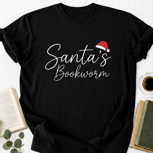 Santa's Bookworm Printed T-Shirt | Christmas Reader Gift Black
