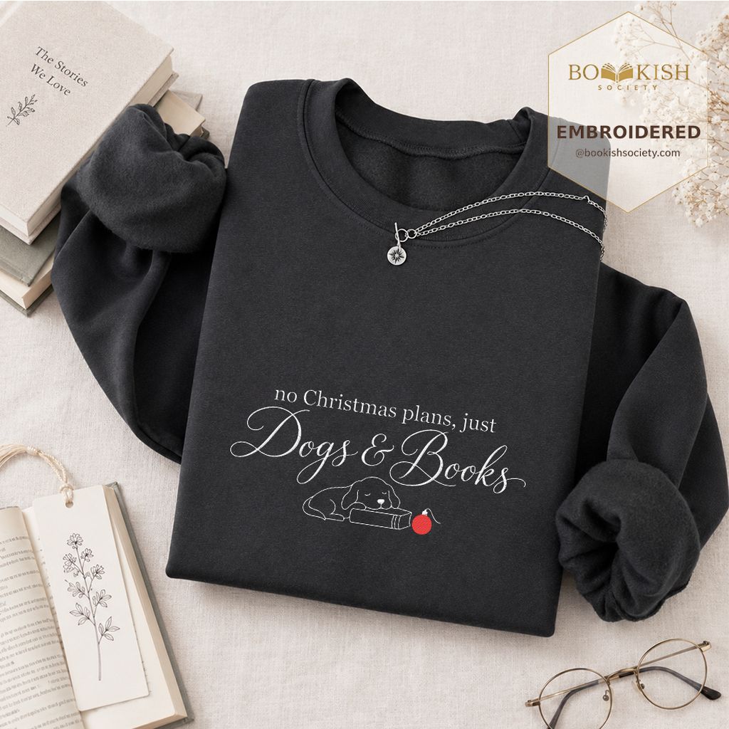 No Christmas Plans, Just Dogs & Books Embroidered Sweatshirt | Dog Lover Gift Dark Heather