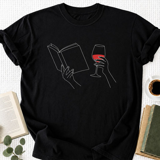 Book And Red Wine Printed T-Shirt | Wine Lover Reader Gift Black