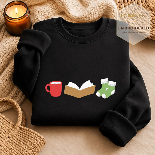 Cozy Winter Reading Embroidered Sweatshirt | Book Lover Gift Black