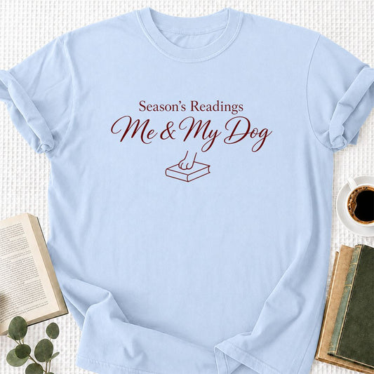 Season's Readings Me & My Dog Printed T-Shirt | Christmas Reader Gift Light Blue