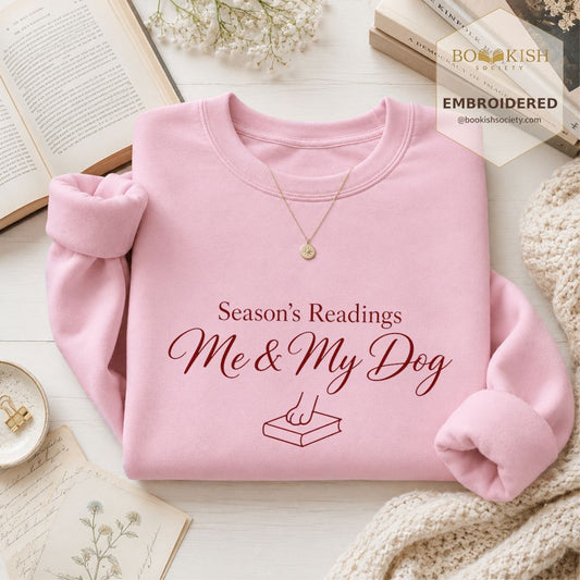 Season's Readings Me & My Dog Embroidered Sweatshirt | Christmas Reader Gift Light Pink