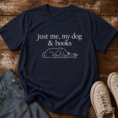Just Me, My Dog & Books Printed T-Shirt | Christmas Dog Lover Reader Gift Navy
