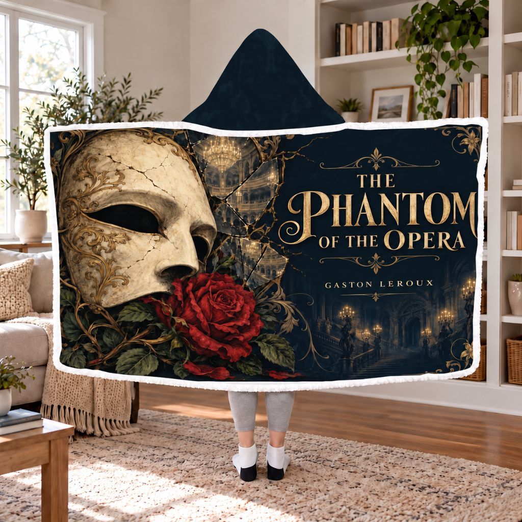 The Phantom Of The Opera Mask Sherpa Hooded Blanket | Gothic Reader Gift White