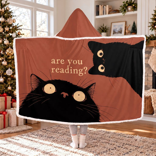 Are You Reading? Black Cat Sherpa Hooded Blanket | Funny Cat Lover Reader Gift White