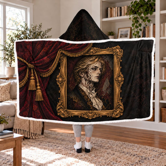 Dorian Gray Cracked Portrait Sherpa Hooded Blanket | Gothic Reader Gift White