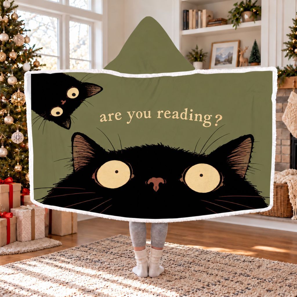 Are You Reading? Two Black Cats Sherpa Hooded Blanket | Cat Lover Reader Gift White