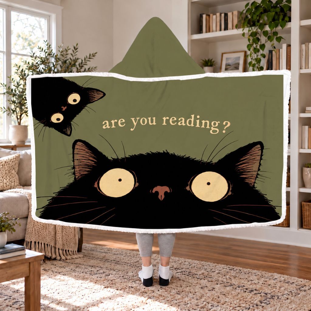 Are You Reading? Two Black Cats Sherpa Hooded Blanket | Cat Lover Reader Gift White