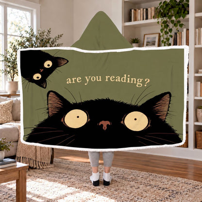 Are You Reading? Two Black Cats Sherpa Hooded Blanket | Cat Lover Reader Gift White