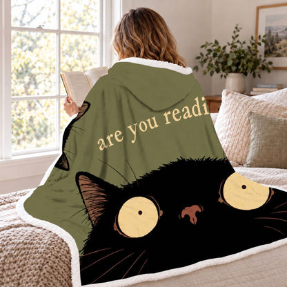 Are You Reading? Two Black Cats Sherpa Hooded Blanket | Cat Lover Reader Gift White