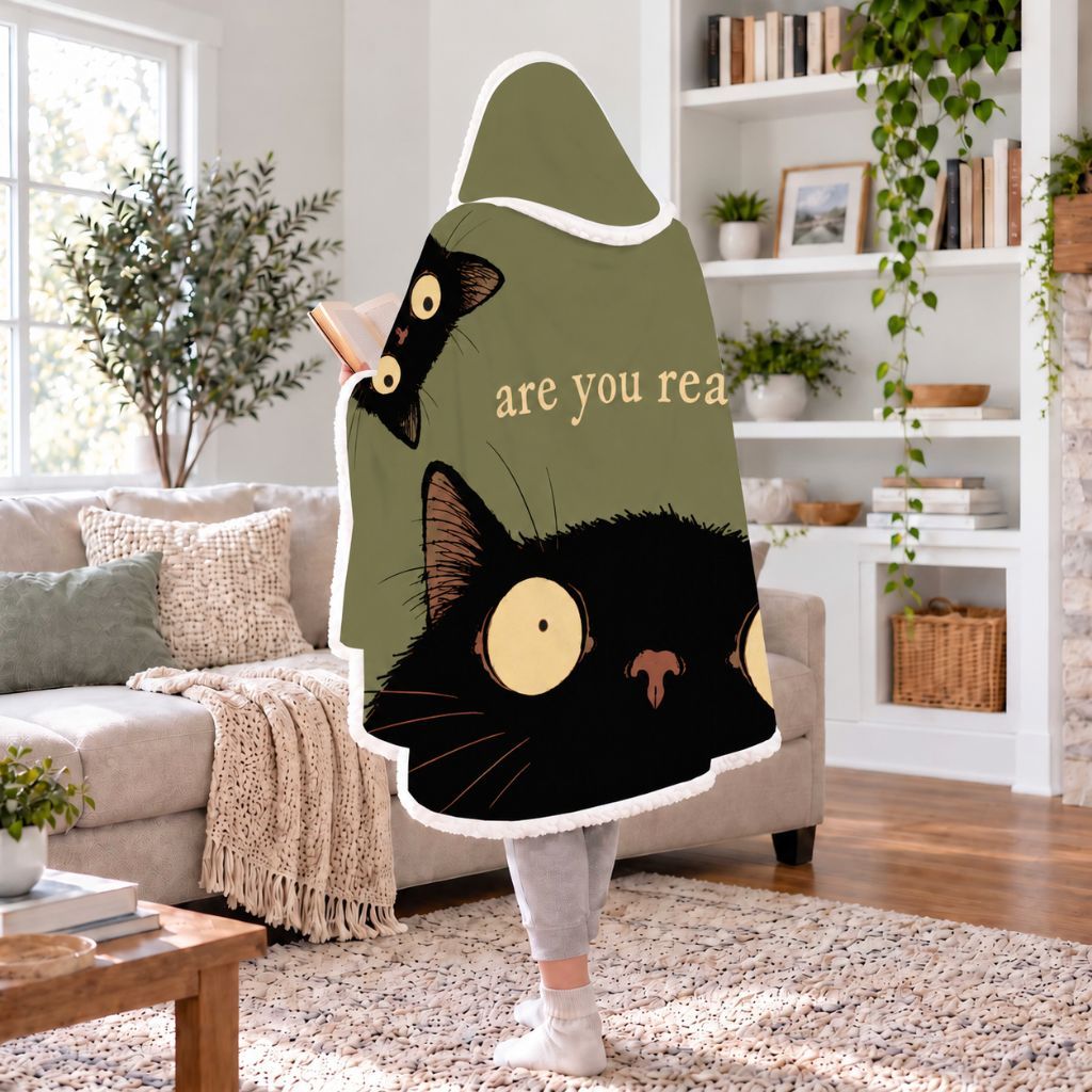 Are You Reading? Two Black Cats Sherpa Hooded Blanket | Cat Lover Reader Gift White