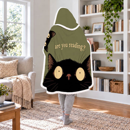 Are You Reading? Two Black Cats Sherpa Hooded Blanket | Cat Lover Reader Gift White