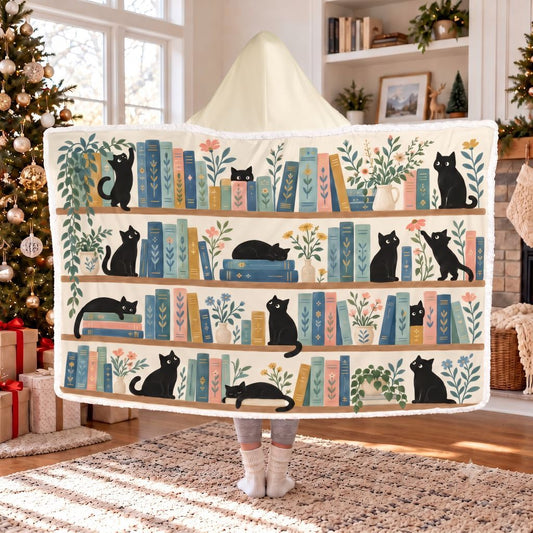 Black Cats On Bookshelves Sherpa Hooded Blanket | Cat Lover Reader Gift White