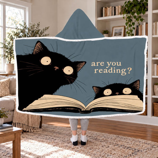 Are You Reading? Black Cats Sherpa Hooded Blanket | Funny Cat Lover Gift White