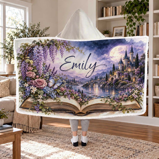 Enchanted Castle Open Book Sherpa Hooded Blanket | Fantasy Reader Gift White