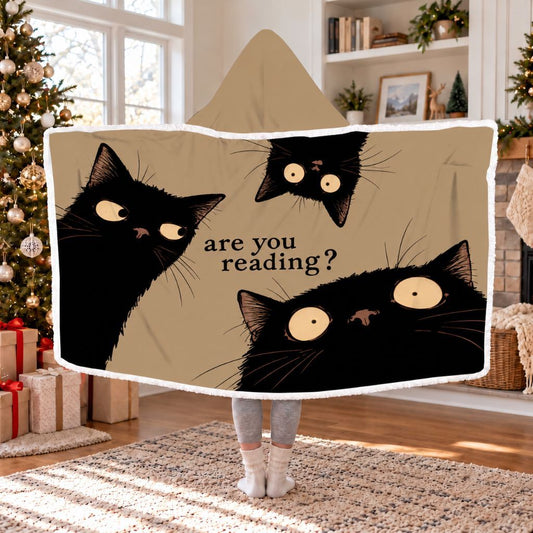 Are You Reading Three Black Cats Sherpa Hooded Blanket | Cat Lover Reader Gift White