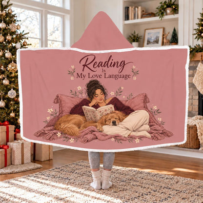 Reading Is My Love Language Golden Retriever Sherpa Hooded Blanket | Reader Gift White