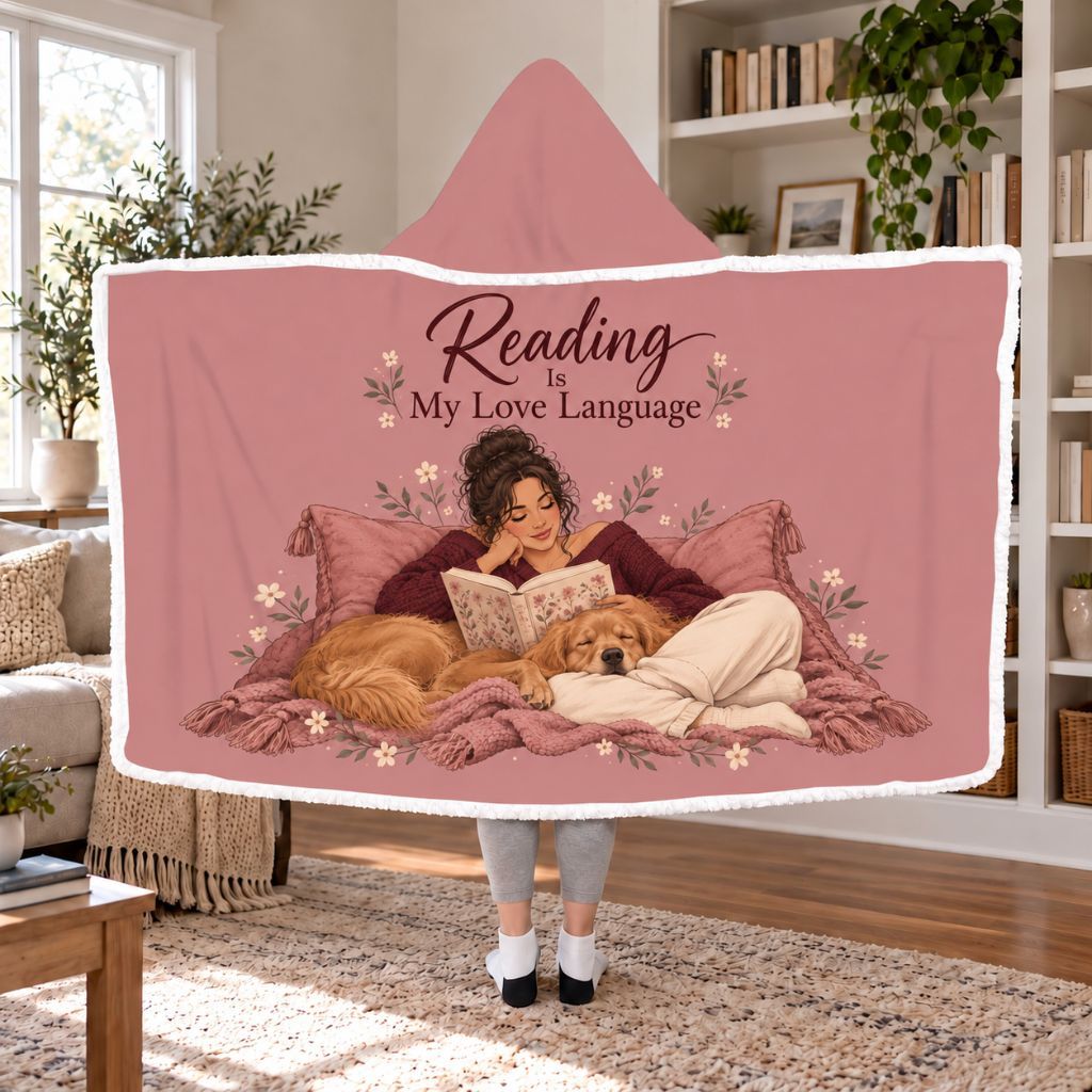 Reading Is My Love Language Golden Retriever Sherpa Hooded Blanket | Reader Gift White