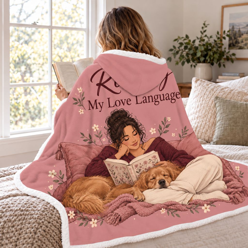 Reading Is My Love Language Golden Retriever Sherpa Hooded Blanket | Reader Gift White