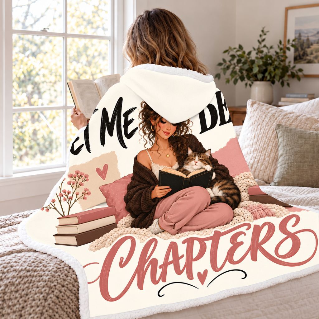 Meet Me Between Chapters Tabby Cat Sherpa Hooded Blanket | Cat Lover Reader Gift White