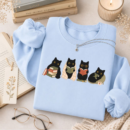 Black Cats Reading Together Printed Sweatshirt | Cozy Cat Lover Gift Light Blue