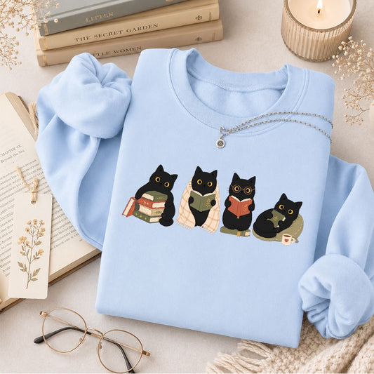Black Cats Reading Together Crewneck Sweatshirt | Cozy Cat Lover Gift Light Blue