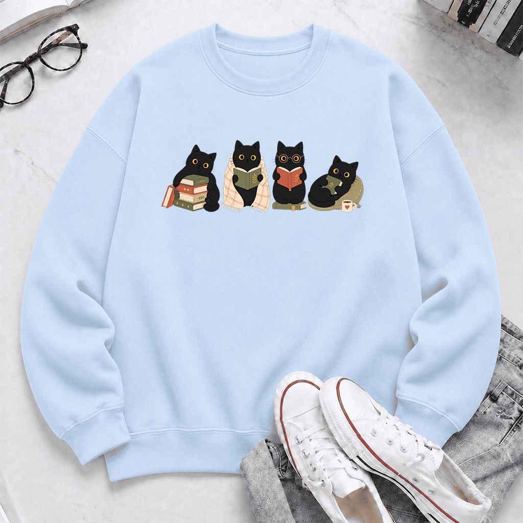 Black Cats Reading Together Printed Sweatshirt | Cozy Cat Lover Gift Light Blue