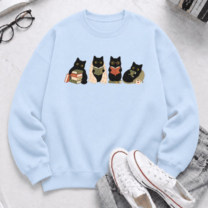 Black Cats Reading Together Printed Sweatshirt | Cozy Cat Lover Gift Light Blue