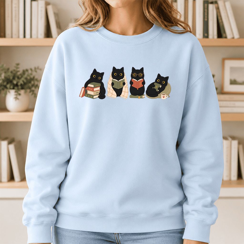 Black Cats Reading Together Printed Sweatshirt | Cozy Cat Lover Gift Light Blue