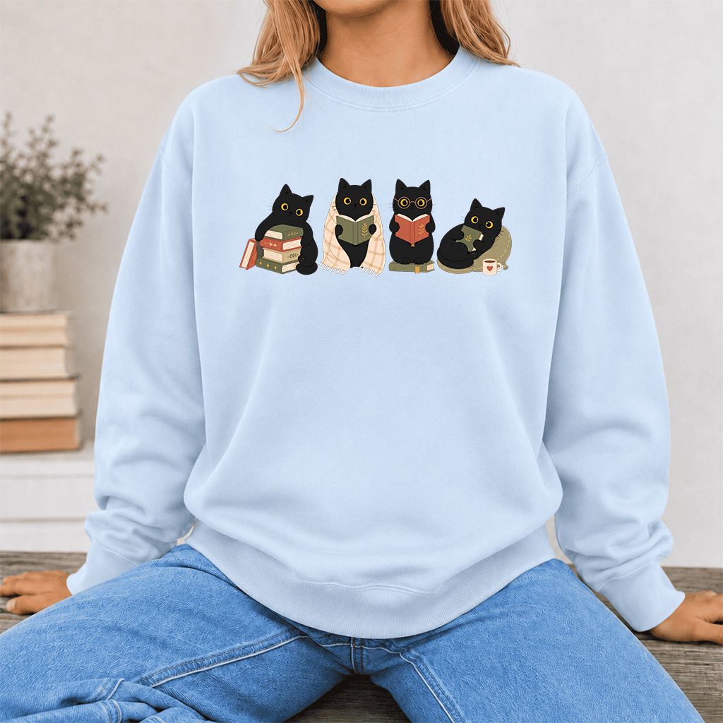 Black Cats Reading Together Printed Sweatshirt | Cozy Cat Lover Gift Light Blue