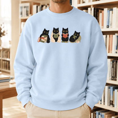 Black Cats Reading Together Printed Sweatshirt | Cozy Cat Lover Gift Light Blue