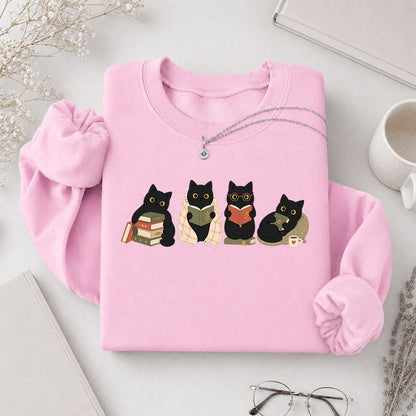 Black Cats Reading Together Printed Sweatshirt | Cozy Cat Lover Gift Light Pink