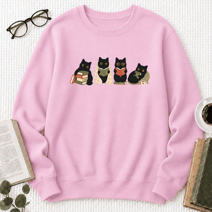 Black Cats Reading Together Printed Sweatshirt | Cozy Cat Lover Gift Light Pink