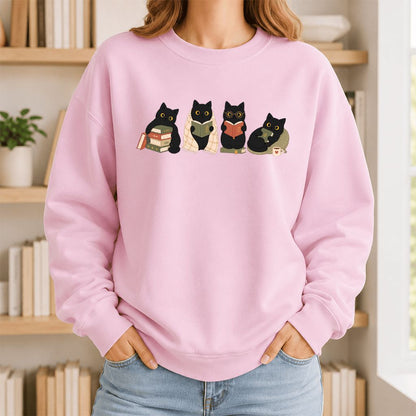 Black Cats Reading Together Printed Sweatshirt | Cozy Cat Lover Gift Light Pink