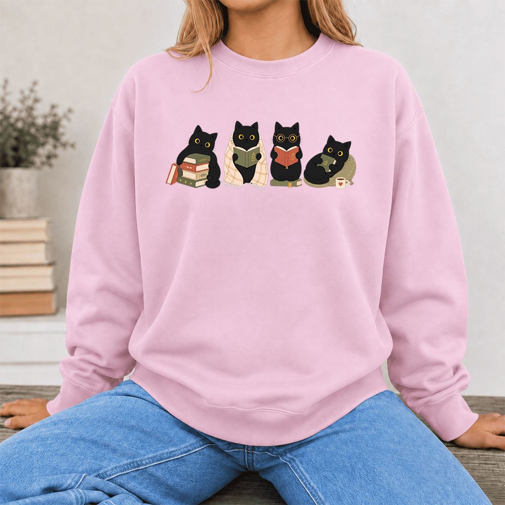 Black Cats Reading Together Printed Sweatshirt | Cozy Cat Lover Gift Light Pink