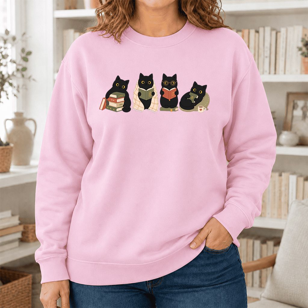 Black Cats Reading Together Printed Sweatshirt | Cozy Cat Lover Gift Light Pink