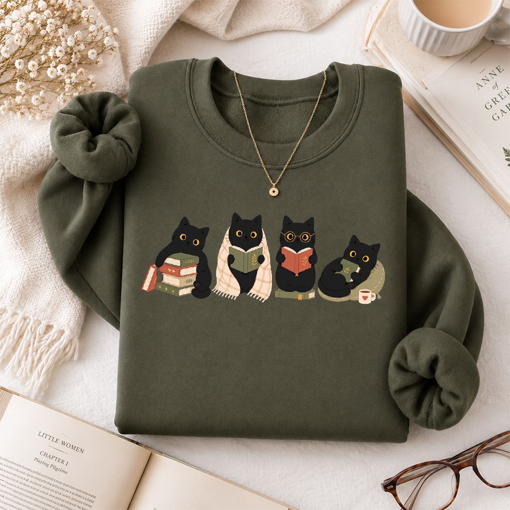 Black Cats Reading Together Printed Sweatshirt | Cozy Cat Lover Gift Military Green