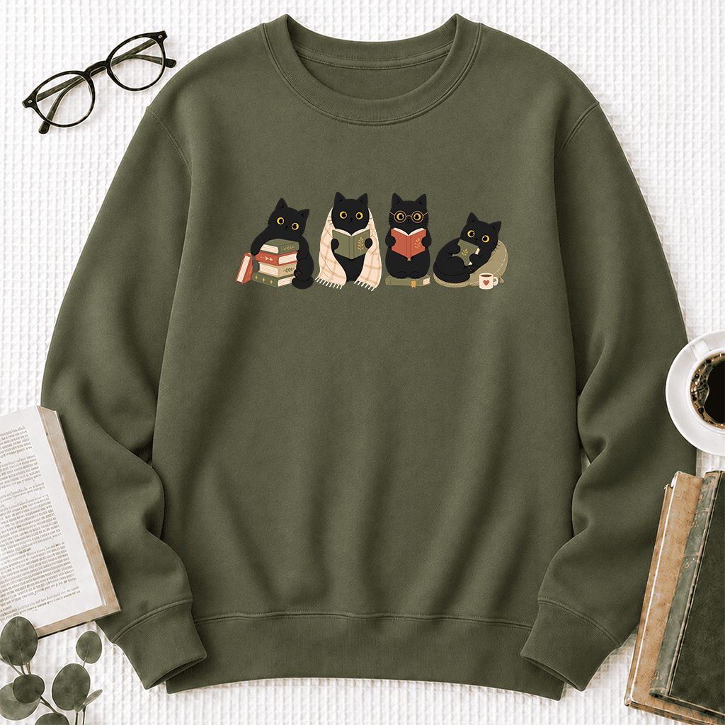 Black Cats Reading Together Printed Sweatshirt | Cozy Cat Lover Gift Military Green