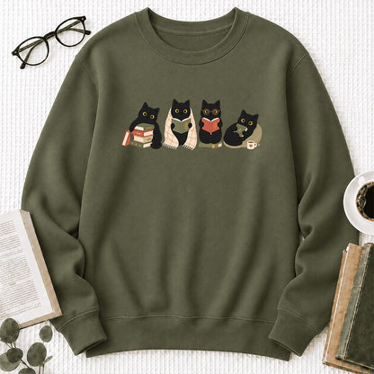 Black Cats Reading Together Printed Sweatshirt | Cozy Cat Lover Gift Military Green