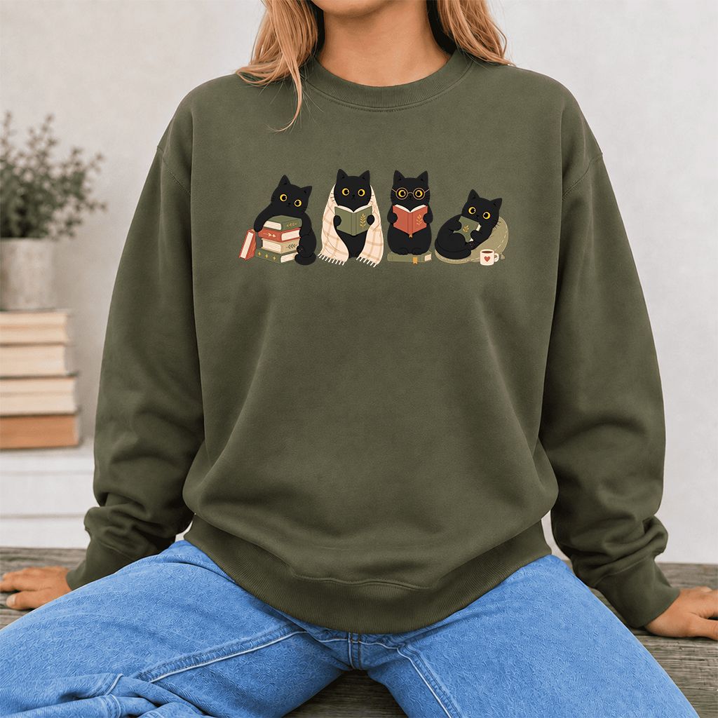 Black Cats Reading Together Printed Sweatshirt | Cozy Cat Lover Gift Military Green